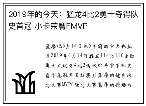 2019年的今天：猛龙4比2勇士夺得队史首冠 小卡荣膺FMVP