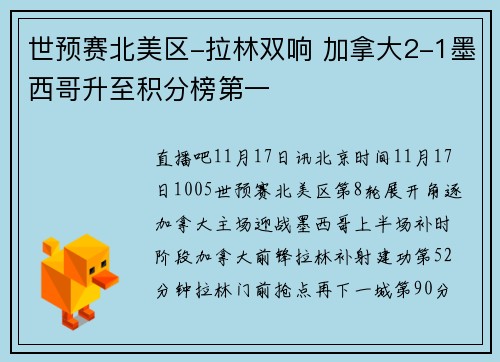 世预赛北美区-拉林双响 加拿大2-1墨西哥升至积分榜第一