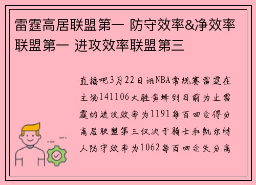 雷霆高居联盟第一 防守效率&净效率联盟第一 进攻效率联盟第三